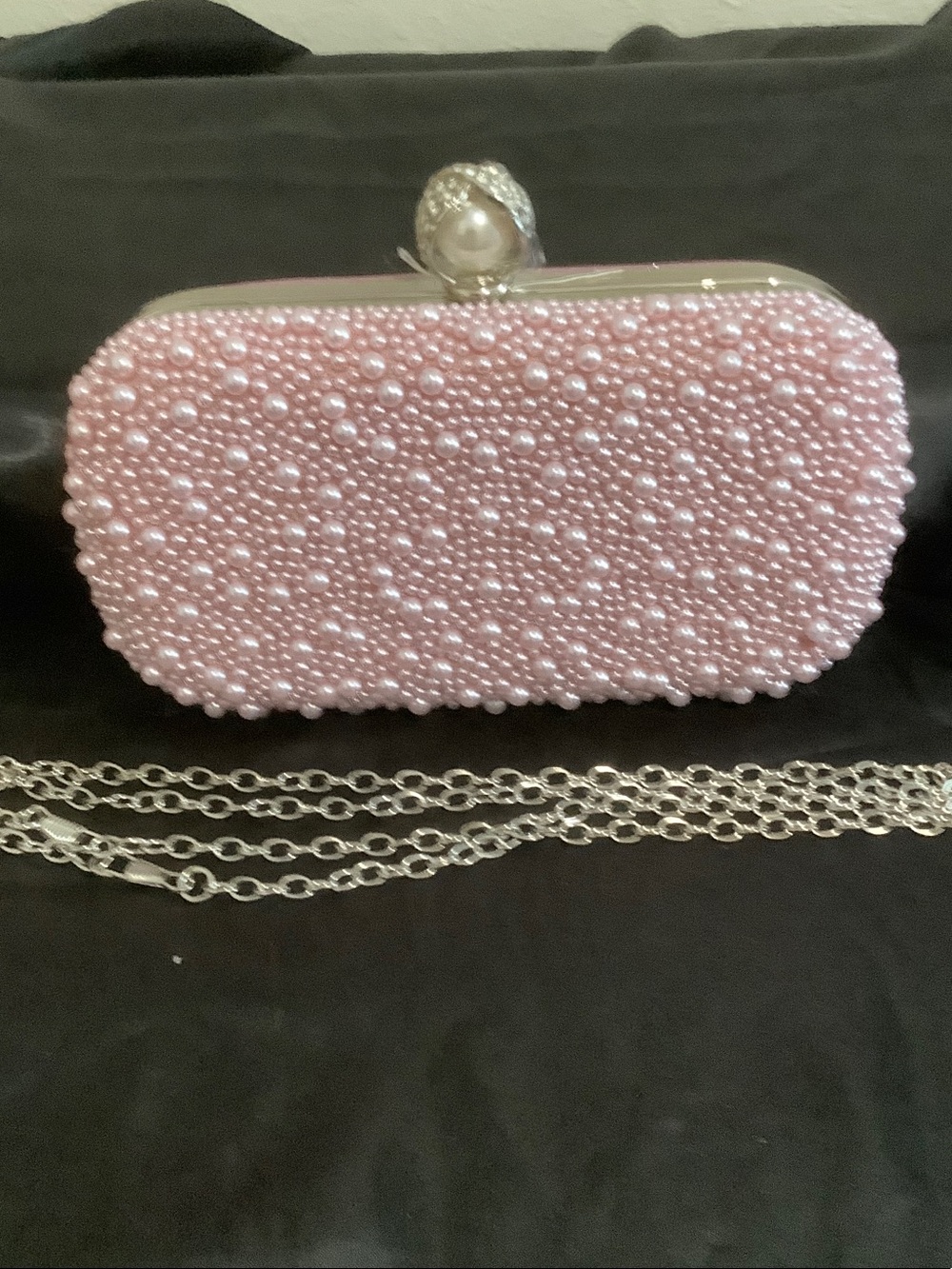 Elegant Pink Pearl Beaded Clutch Bag with Silver Chain - Picture 2 of 5